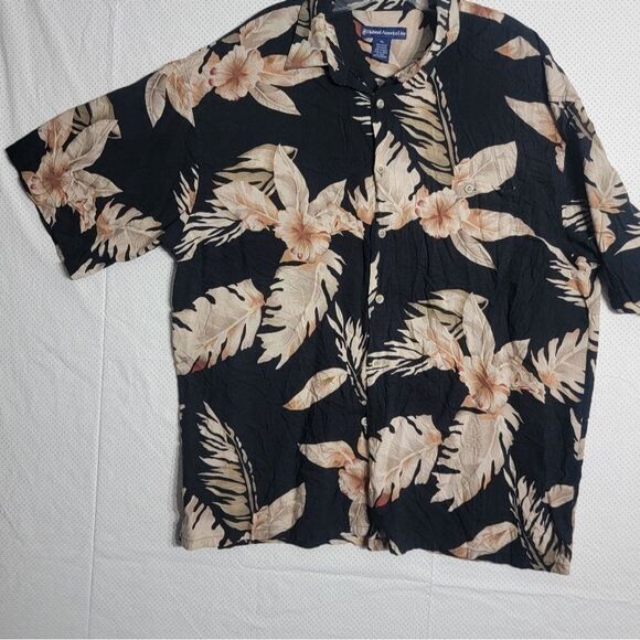 Holland America Line Mens Hawaiian Shirt XLarge Black Beige Floral Collar Pocket - Picture 2 of 12